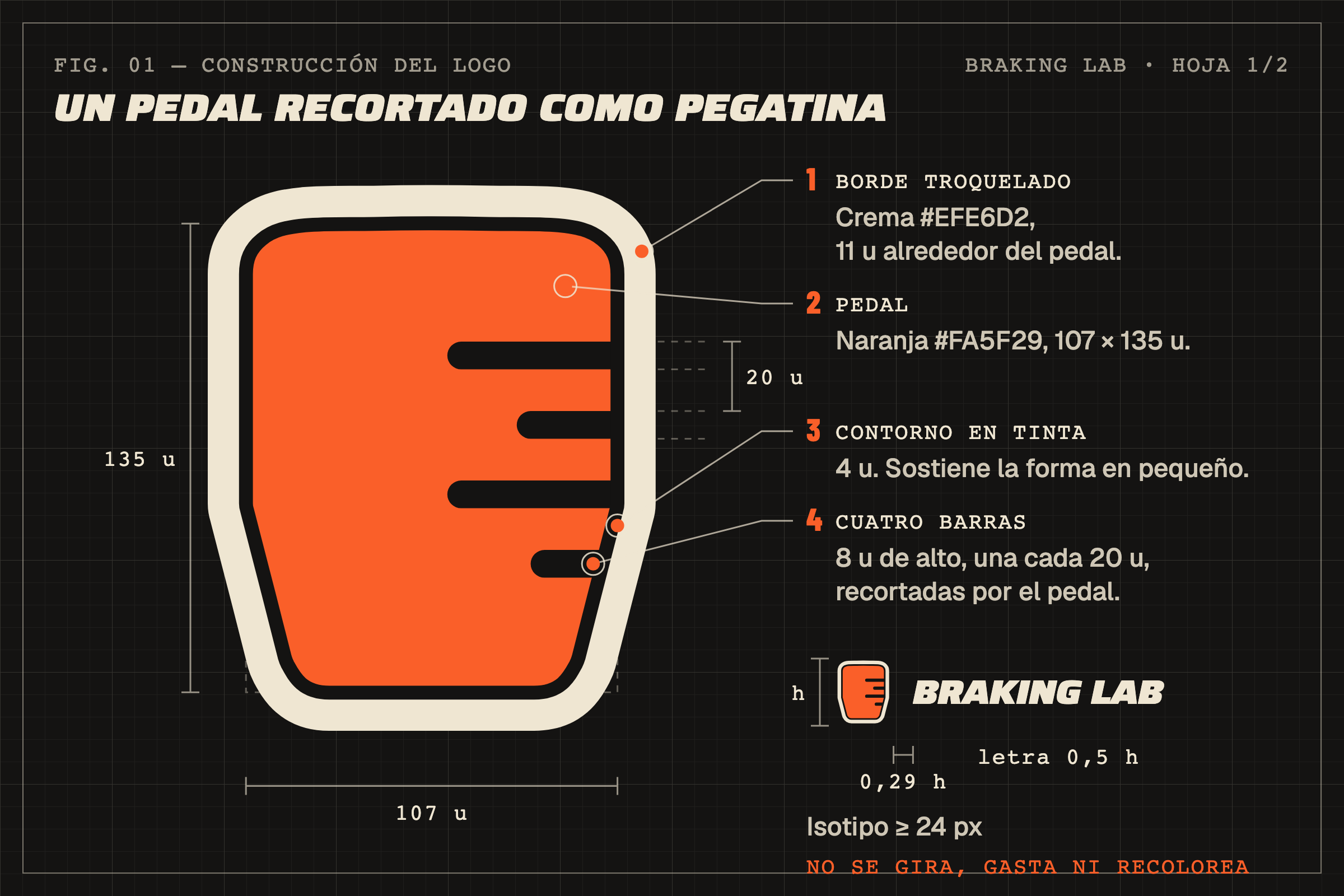 Plano de construcción del isotipo de Braking Lab: un pedal de freno naranja de 107 por 135 unidades, con un borde troquelado crema de 11 unidades, cuatro barras en tinta de 8 unidades cada 20 unidades y un contorno en tinta de 4 unidades. Al lado, el lockup: el logotipo va a la mitad de la altura del isotipo, separado 0,29 veces esa altura, y el isotipo nunca baja de 24 px.