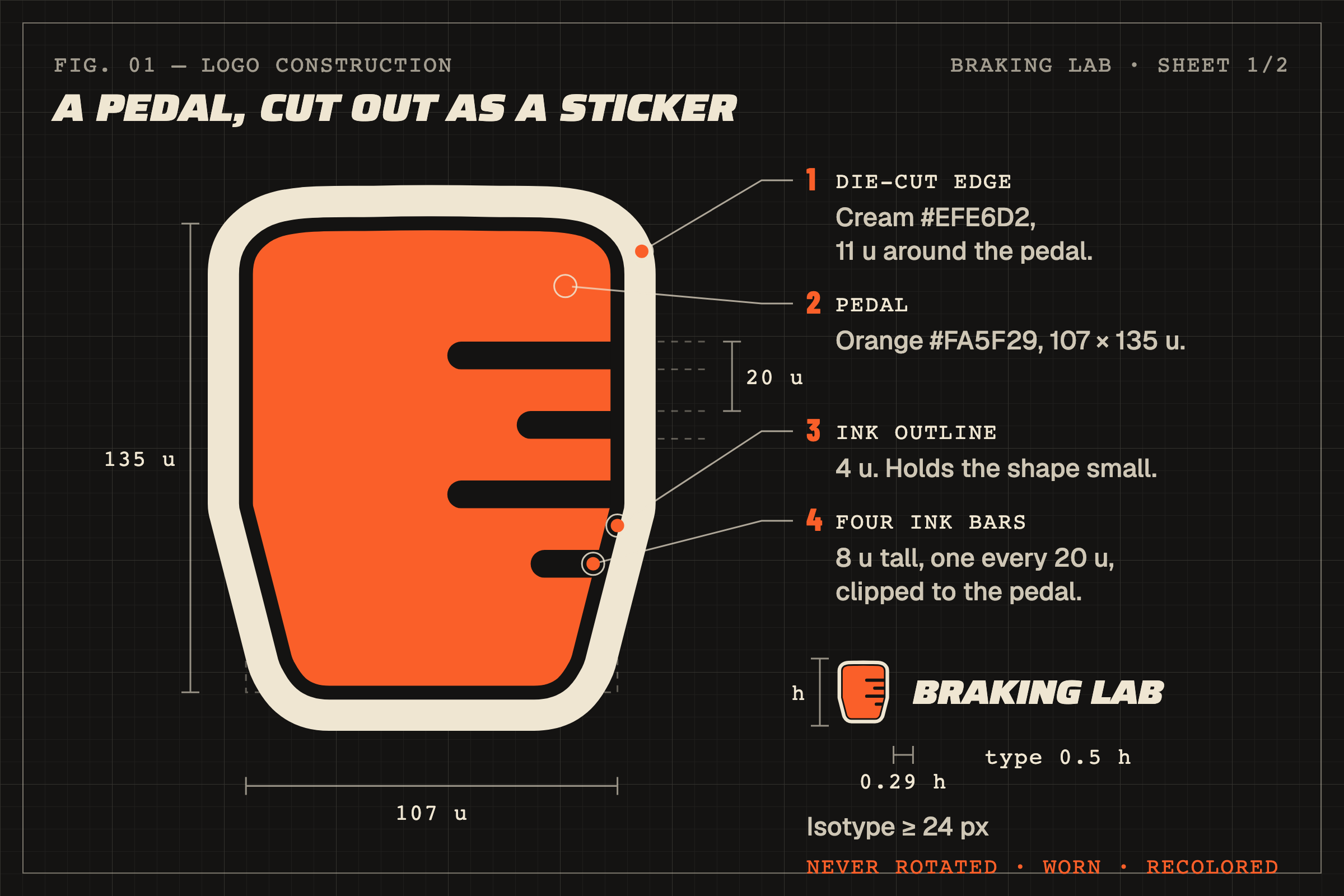 Construction drawing of the Braking Lab isotype: an orange brake pedal, 107 by 135 units, with an 11-unit cream die-cut edge, four 8-unit ink bars on a 20-unit pitch, and a 4-unit ink outline. Beside it, the lockup: the wordmark is set at half the isotype height, with a gap of 0.29 times that height, and the isotype is never smaller than 24 px.