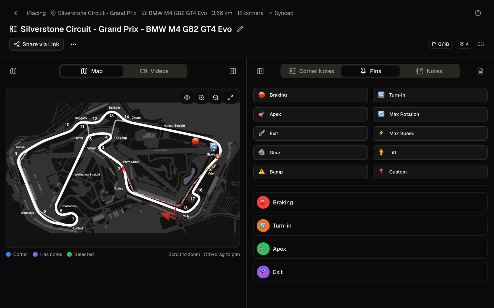 Track Notes for Silverstone in a BMW M4 GT4: the track map with four pins on Stowe, braking, turn-in, apex and exit