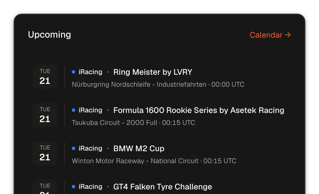 The Pitwall's upcoming races: the next race of each iRacing series a driver follows, with its track and start time