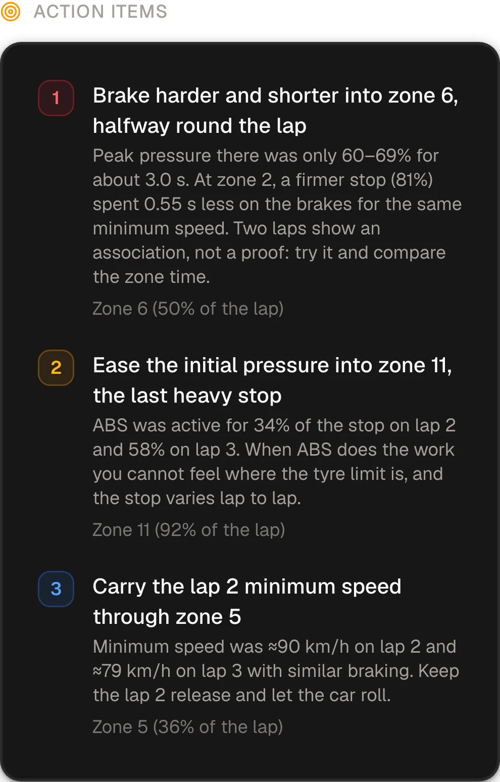 A Race Engineer report: three things to fix, each with the reason from the telemetry