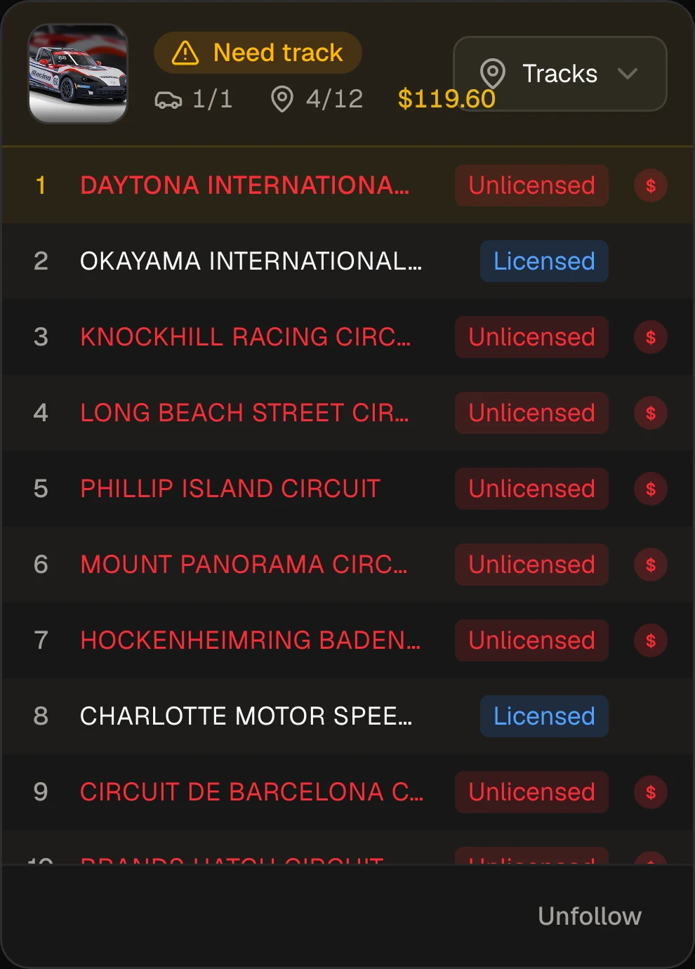 Sim Planner: the Advanced Mazda MX-5 Cup, ready to race, 5 of 12 tracks licensed