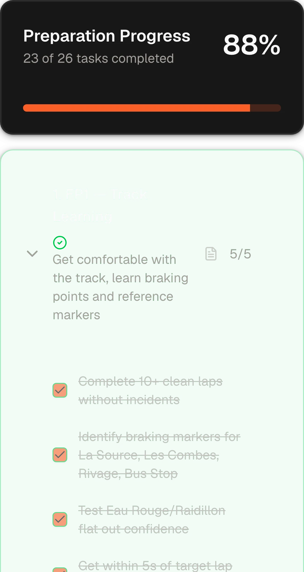 A race preparation for Spa: 23 of 26 tasks done, FP1 complete