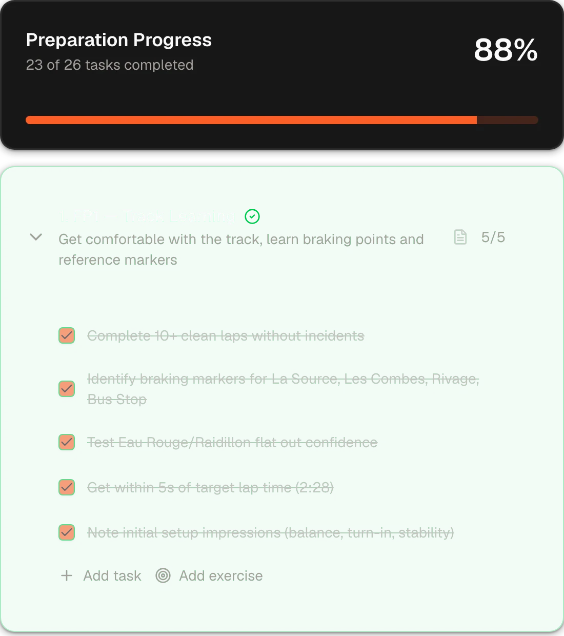 A race preparation for Spa: 23 of 26 tasks done, FP1 complete